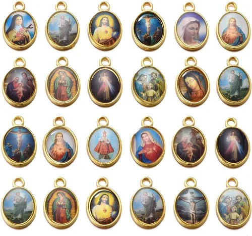 100 dijes de medalla milagrosa de Jesús con diseño de Jesús, centro de rosario floral, crucifijo de Virgen María, para hacer joyas católicas de