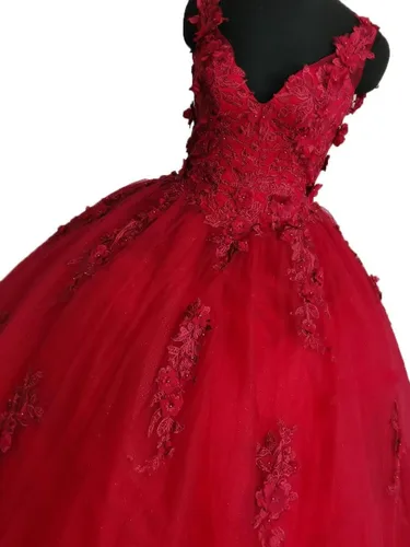 Miniatura 6 de Vestidos de quinceañera con cuello en V para mujer, vestido de baile de tul brillante 3D, apliques de flores dulces 15 16, vestidos de fiesta