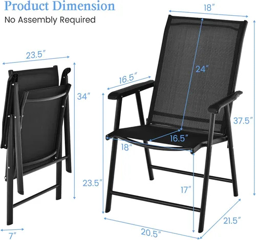 Miniatura 3 de Tangkula Juego de 2 sillas plegables para patio, sillas de comedor de tela para exteriores con respaldo alto y reposabrazos, marco de metal Negro