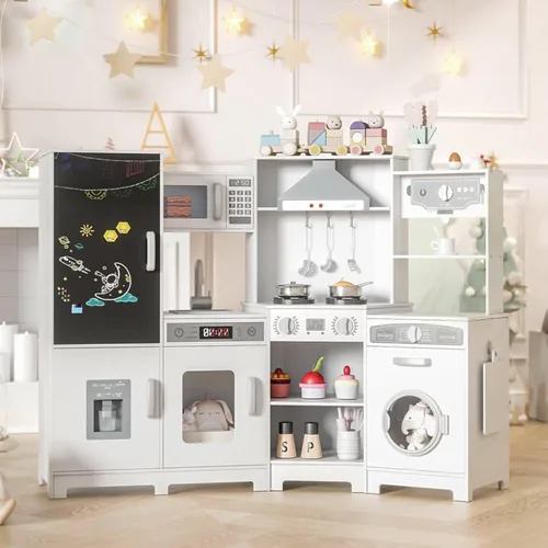 MAMIZO Cocina de Juego de Esquina de Madera, Gran Juego de Cocina Interactivo Ultimate para Niños Pequeños de Pretender con Pizarra, Estufa y Blanco