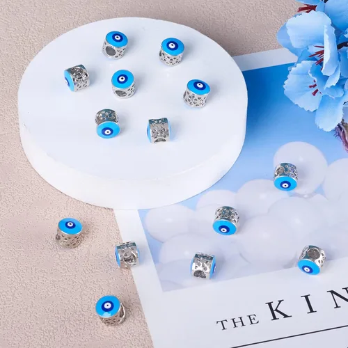 Miniatura 5 de Pandahall - 20 cuentas europeas de esmalte de latón de barril de 0.394 x 0.472 in, color azul cielo claro, espaciadores de agujeros grandes, cuentas