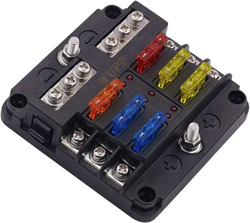 WUPP Bloque de fusibles de 12 voltios, panel de fusibles impermeable para barco con indicador de advertencia LED, cubierta a prueba de humedad, 6