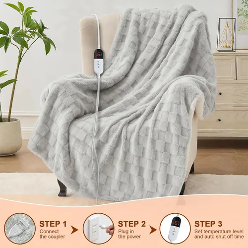 Miniatura 6 de Manta térmica eléctrica tamaño matrimonial – Manta jacquard a cuadros Sherpa de 72 x 84 pulgadas, manta de cama de calentamiento rápido con 6