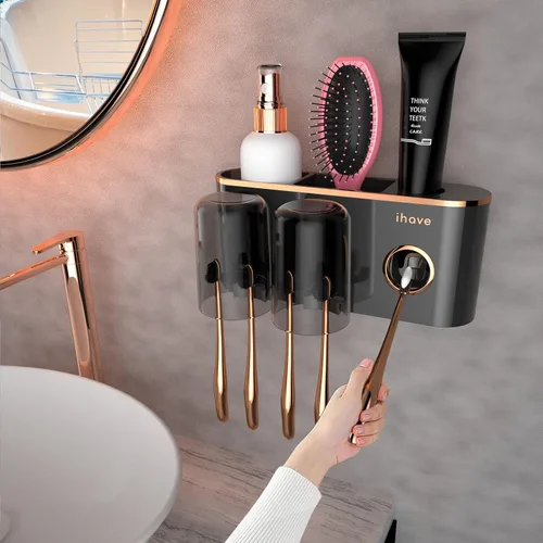 iHave Portacepillos de dientes, accesorios de baño con dispensador de pasta de dientes, 2 tazas soporte para cepillos de dientes, decoración de baño