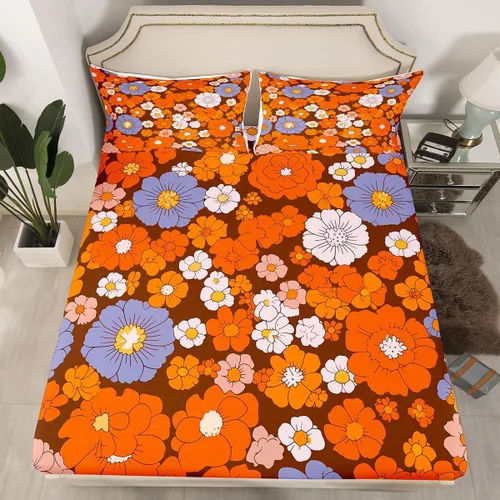Miniatura 27 de Juego de ropa de cama con diseño floral bohemio, tamaño individual, diseño retro de flores groovy, 60S y 70S, diseño de flores hippie para niños