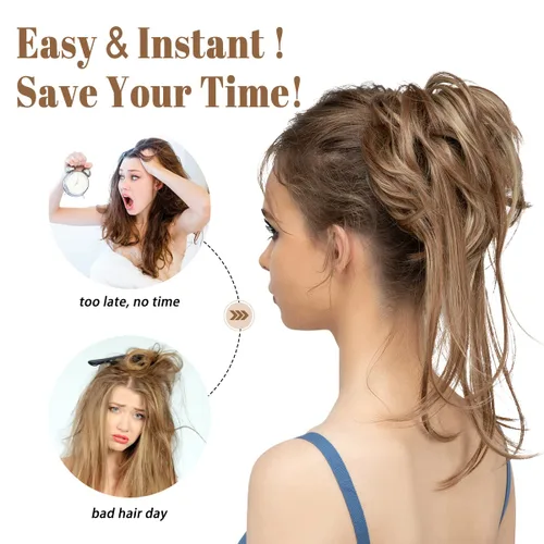 Miniatura 4 de CJL HAIR - Extensión de cabello tipo coletero de chongo desordenado, rizado, sintético, con colas rectas, scrunchies para peinados de moño