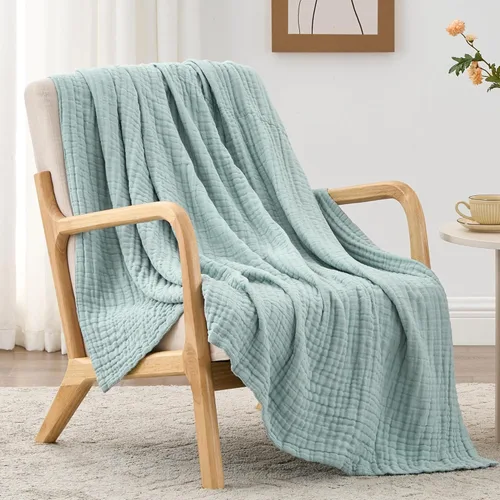 Miniatura 28 de Love's cabin - Manta de muselina de 6 capas 100% algodón, 90"x90", manta de muselina tamaño queen para sofá o cama, de algodón de gasa ligera y Beige
