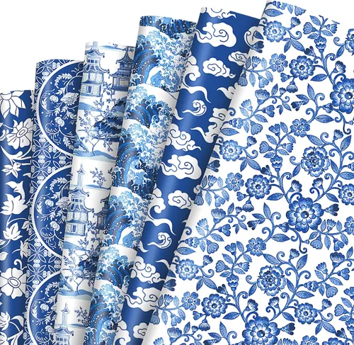 Whaline 12 hojas de papel de regalo chinoiserie azul de 19.7 x 27.6 pulgadas, papel de regalo floral de porcelana de paisaje chino clásico, papel de