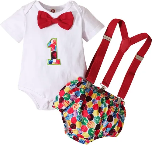 Miniatura 13 de IDOPIP Traje formal para bebé niño para el primer cumpleaños de Cake Smash con corbatín y tirantes y pantalones cortos para sesión de fotos