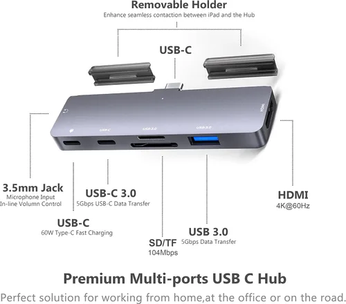 Miniatura 2 de Adaptador Hub USB C para iPad Pro 2024 M4 M2 M1, Hub 7 en 1 con HDMI 4K@60Hz, Jack 3.5mm, USB 3.0, PD 60W, Ranura para Tarjeta SD/TF, Accesorios 7