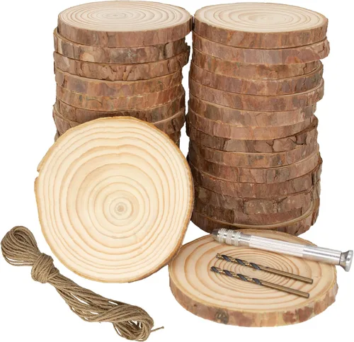 Rebanadas de madera natural sin terminar: círculos de 3.2-4 pulgadas - 30 piezas con corteza para manualidades, adornos de bricolaje y arte