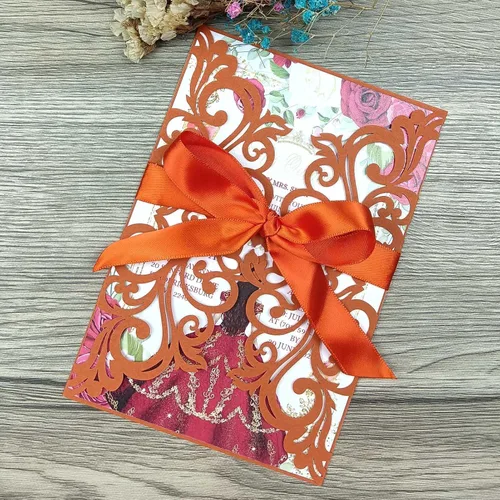 Miniatura 16 de 25 piezas de tarjetas de invitaciones de boda cortadas con láser con purpurina verde con sobres, hojas interiores en blanco, cintas