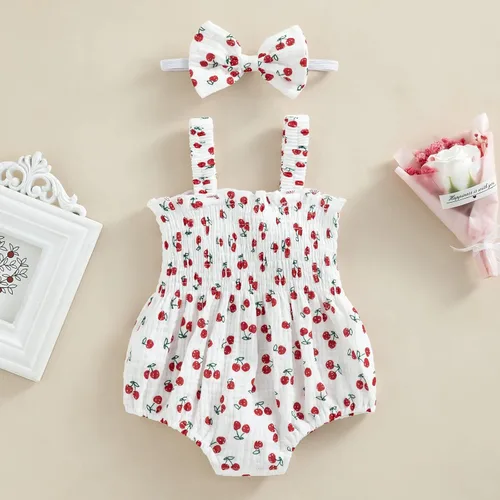 Miniatura 91 de Mameluco para bebés y niñas de 3, 6, 9, 12, 18 meses, enterizo de manga corta, fruncido, faldas y dobladillo, diadema