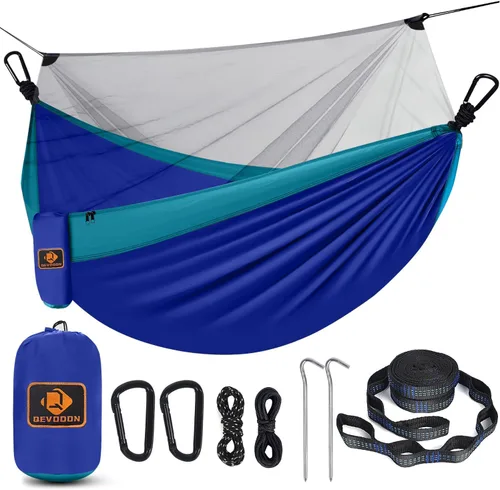 Miniatura 18 de Hamaca de camping con red, hamaca doble portátil ligera con correas para árbol y mosquetones sólidos en forma de D, hamaca de nailon de paracaídas