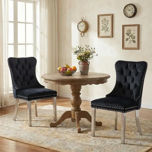 Miniatura 143 de SoarFlash Juego de 2 sillas de comedor de tela de lino, sillas de comedor tapizadas con ribete de cabeza de clavo y patas de madera de color claro