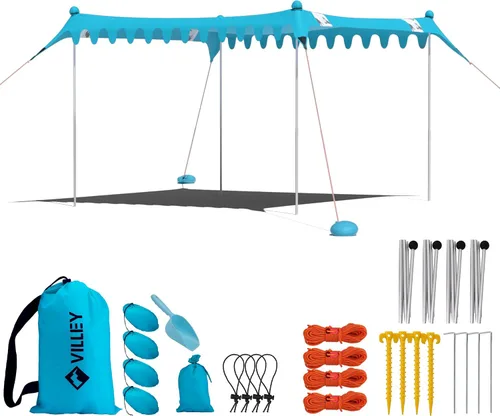 Miniatura 11 de Villey Tienda de campaña de playa con protección UPF50+, parasol portátil de 8 x 7 pies con 2 postes de estabilidad, 8 clavijas de tierra, 4 sacos