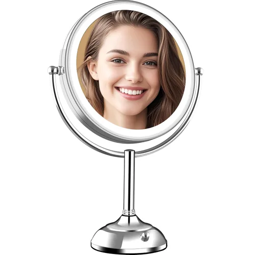 VESAUR Espejo de Maquillaje Iluminado Mejorado Grande de 11" Alto de 17" Plateado, Aumento de Doble Cara 1X/10X con Espejo de Succión de 15X, 3