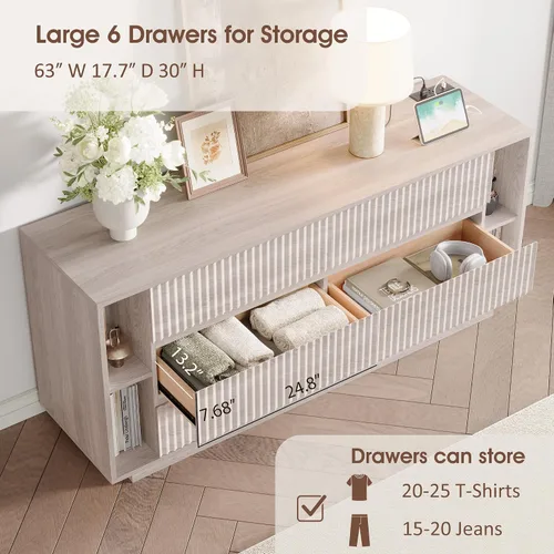 Miniatura 5 de Whalefall Fluted 6 Drawer Dresser with Shelves, 63'' Wide 17.7'' Depth Large Chest of Drawers for Bedroom, Modern TV Stand, Wood Closet Storage
