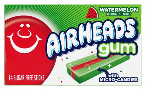 Airheads Caramelo, goma de mascar, sabor a sandía, sin azúcar, xilitol, 14 barras por paquete, caja de 12 paquetes