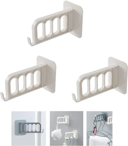 Percha plegable sin perforaciones, pequeña percha plegable para ropa, ganchos de almacenamiento para paredes, 4 agujeros montado en la pared, Beige