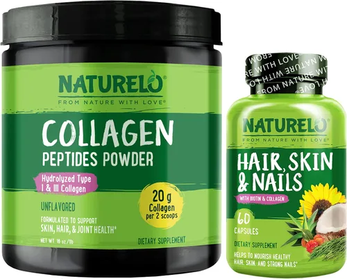 NATURELO Multivitamínico para cabello, piel y uñas, 60 unidades de péptido de colágeno en polvo, 45 porciones