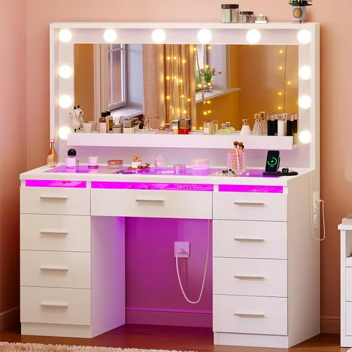 Miniatura 17 de FIONESO Escritorio grande con espejo y luces, tocador de maquillaje con 11 cajones y 6 estantes abiertos, 3 modos de iluminación, brillo ajustable