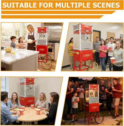 Miniatura 7 de Máquina comercial de palomitas de maíz con carrito y ruedas, máquina para hacer palomitas de maíz con hervidor de acero inoxidable de 24 onzas, Rojo