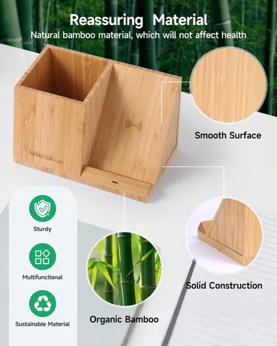 Miniatura 7 de Portaplumas de bambú para escritorio y organizador de mesita de noche con carga inalámbrica rápida para iPhone, Samsung y más – Accesorios