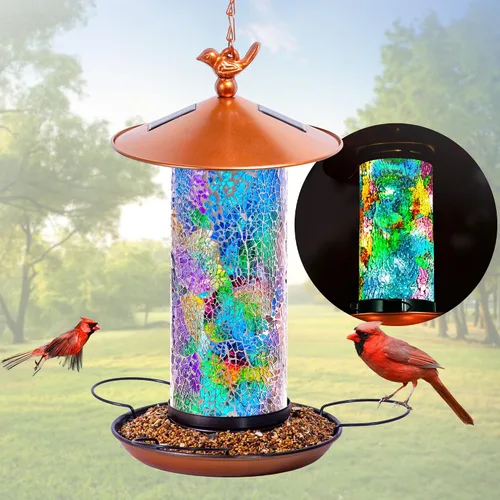 XDW-GIFTS Comedero solar de mosaico, forma de linterna impermeable con gancho y 4 luces LED, decoración de jardín para césped, patio, balcón, adorno