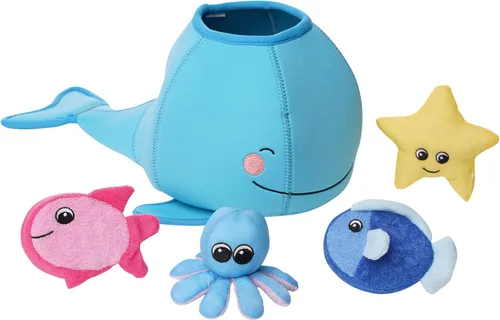 Manhattan Toy Neopreno Whale - Juguete de baño flotante de 5 piezas con esponjas de secado rápido y juguete para chorros
