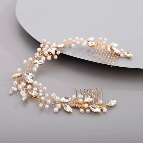 Miniatura 2 de Chargances Peine de vid de cristal con perlas para novias, diadema larga dorada, diadema larga, accesorio hecho a mano, accesorios para el cabello