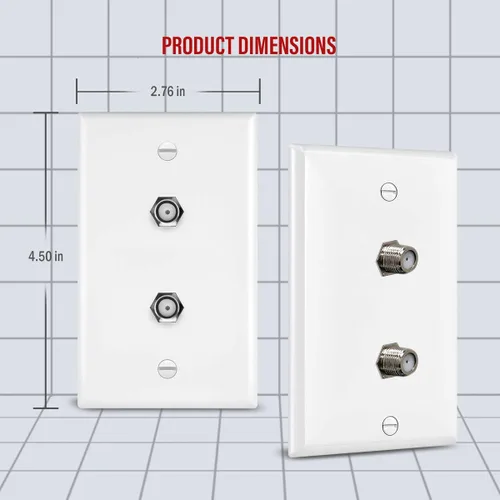 Miniatura 2 de ENERLITES Placa de pared coaxial, 2 puertos, conector acoplador tipo F F81 para cable coaxial de televisión, 1 banda 4.50 x 2.76 pulgadas, 6621-W