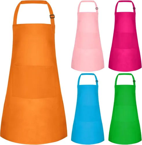 Miniatura 21 de Juego de 15 delantales para niños, delantal ajustable para niños con 2 bolsillos, delantal de chef para niños para pintar, cocinar, hornear, Negro