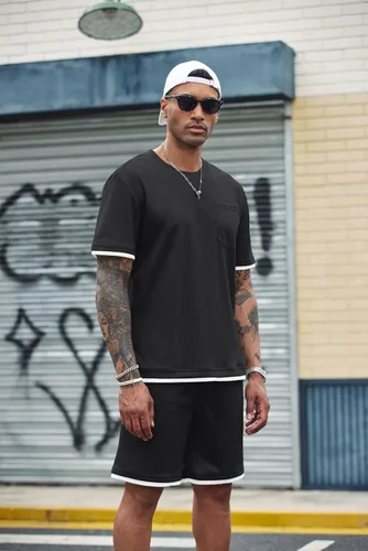 Miniatura 5 de COOFANDY Conjunto de camisa y pantalones cortos de gofre para hombre, conjunto de 2 piezas, conjunto casual de verano con bolsillos