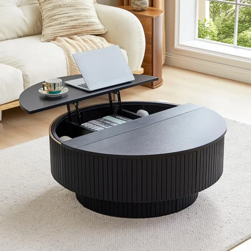 Miniatura 13 de Mesa de café redonda de 31.5", Mesa de centro moderna con acento acanalado y marco de metal, mesas de café de madera redondas para sala de estar