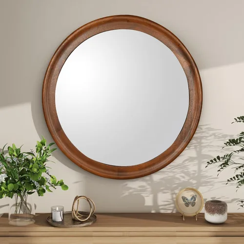 Miniatura 2 de CULER Espejos de Pared Redondos de 24 Pulgadas, Espejo Decorativo Rústico de Madera de Transición con Marco de Nogal para Pared, Espejo de Tocador