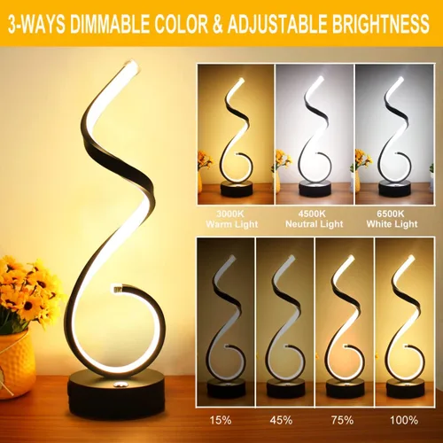 Miniatura 3 de Juego de 2 lámparas de mesa LED en espiral modernas, lámpara de mesa de control táctil de 10 W con puertos de carga USB, regulable, 3 modos de Negro