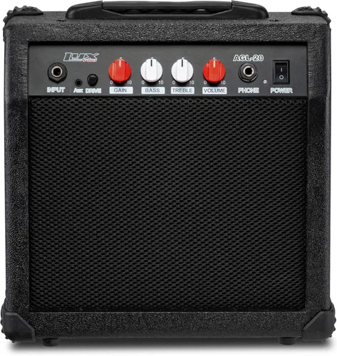 LyxPro Amplificador de guitarra eléctrica de 20 W, altavoz incorporado, conector para auriculares y entrada auxiliar que incluye ganancia, graves,