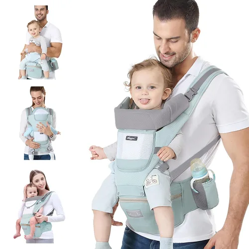 Miniatura 10 de Portabebés para recién nacidos a niños pequeños, con asiento de cadera, portabebés tipo canguro para hombres, mujeres, papá, mamá (azul oscuro)