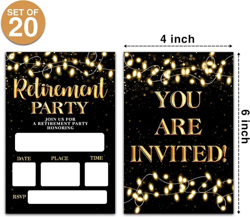 Miniatura 2 de Invitaciones para fiestas de jubilación, tarjetas de invitación de jubilación negras y doradas para hombres, mujeres, enfermeras, profesores