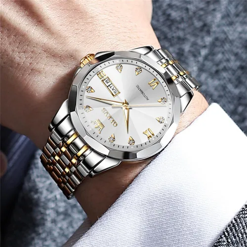 Miniatura 35 de OLEVS Reloj de pulsera automático con diseño de esqueleto para hombre, de lujo, con diamantes de lujo, de acero inoxidable, calendario, reloj
