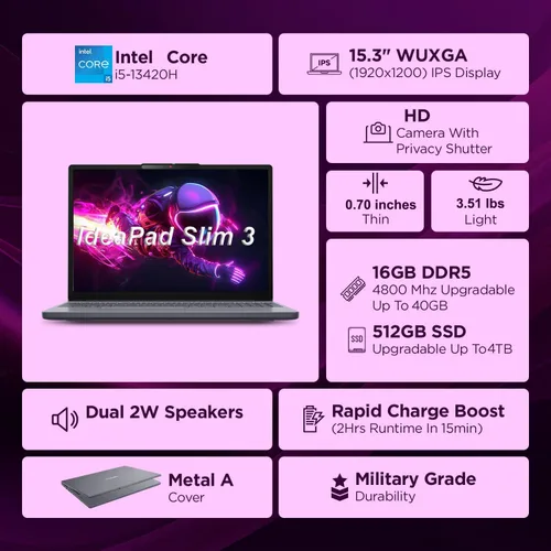 Miniatura 2 de Lenovo IdeaPad 3 - Computadora portátil para estudiantes Intel i5-13420H 16 GB DDR5, 256 GB SSD Office 365 Pantalla antirreflejos FHD de 15