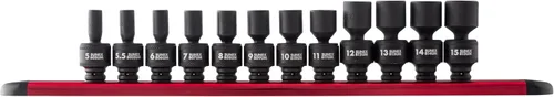 SUNEX TOOLS 1814, Juego de llaves de vaso de impacto universales de 1/4 de pulgada, 12 piezas, métricos, 0.197 in - 0.591 in, acero Cr-Mo, diseño de
