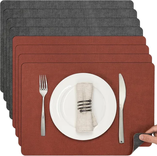 Miniatura 55 de Myir JUN Juego de 6 manteles individuales de doble cara, de piel sintética, para interiores, para mesa de comedor, exteriores, cuadrados, Negro