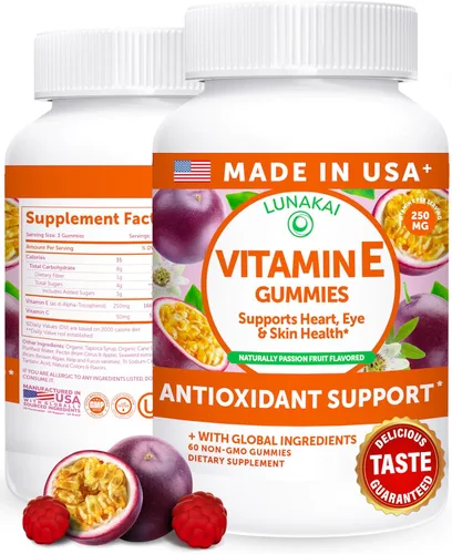 Lunakai Gomitas de vitamina E de 400 UI fabricadas en Estados Unidos con vitamina C de 50 mg, para apoyo de los ojos, el sistema inmunológico y la