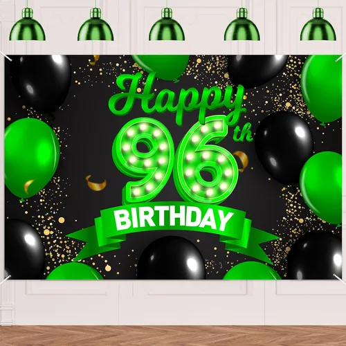 Miniatura 25 de Cartel de feliz cumpleaños 26 verde y negro, telón de fondo con texto en inglés "Cheers to 26 years old confeti", globos de confeti, decoración