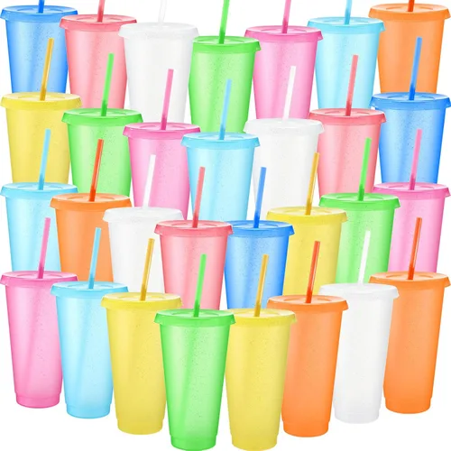 Miniatura 25 de Honeydak Paquete de 60 vasos con popote y tapa, vasos a granel para regalos, tazas de café de plástico con purpurina de 24 a 27 onzas, botella
