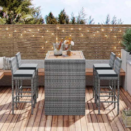 Miniatura 8 de Quarte Moderno juego de comedor de patio al aire libre de 5 piezas, juego de barra de mimbre de ratán de polietileno para jardín, 4 sillas de altura