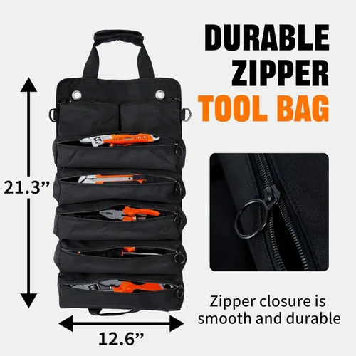 Miniatura 2 de Organizador plegable portátil de herramientas enrollable con 5 compartimentos y 2 bolsas desmontables, bolsa de herramientas de servicio pesado Negro