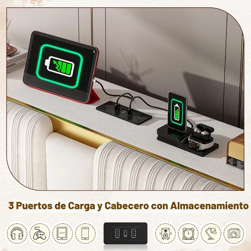 Miniatura 6 de Homkdom Base de cama Queen con cabecera de almacenamiento de terciopelo, 2 cajones grandes y 3 puertos de carga, base de cama de plataforma de 51.3